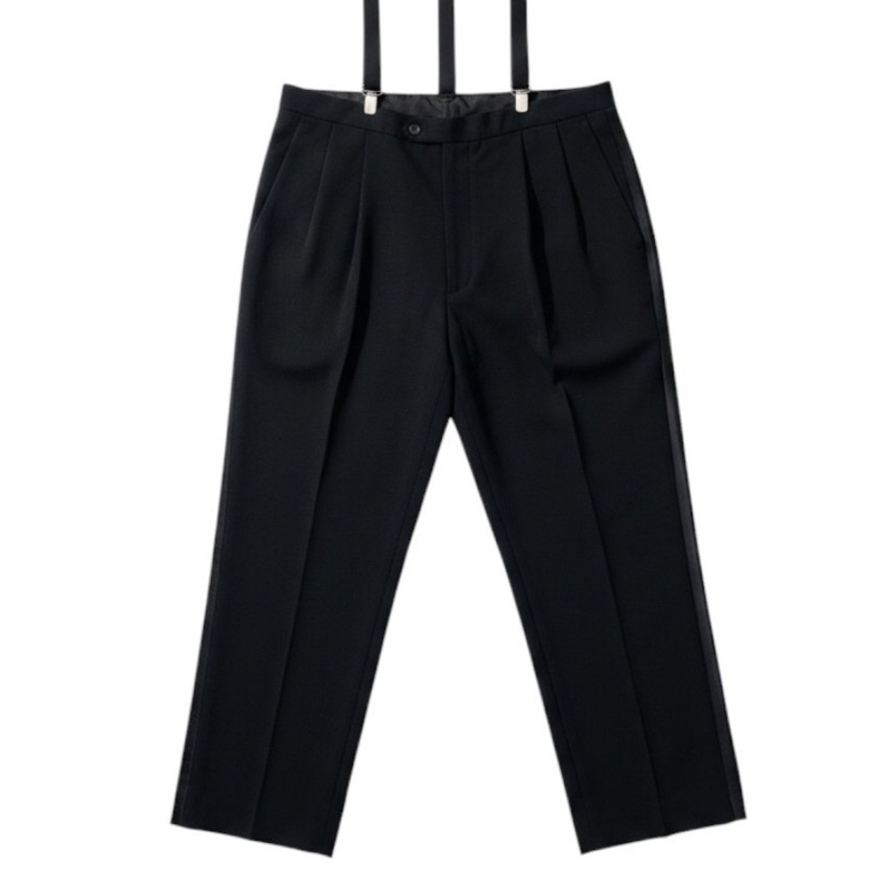 Linea Uomo Mens 50 Regular Black 100% Wool Tuxedo Pants with Suspenders Pleated